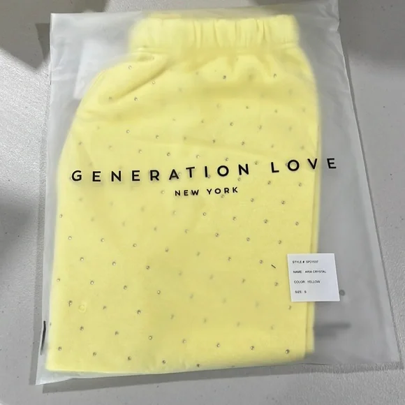 🆕Generation Love Aria Crystal Lemon Yellow Terry Shorts Choose Love New York - Picture 8 of 8